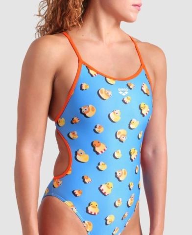 WOMEN'S ARENA DUCKS SWIMSUIT LACE BACK/TURQUOISE-ORANGE FUNNY PRINTS ÖZEL KOLEKSİYON KADIN MAYOSU