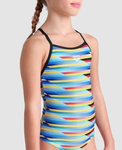 GIRL'S ARENA RACING STRIPE SWIMSUIT LIGHTDROP BACK/MULTI-BLACK-BLACK KIZ ÇOCUK MAYOSU