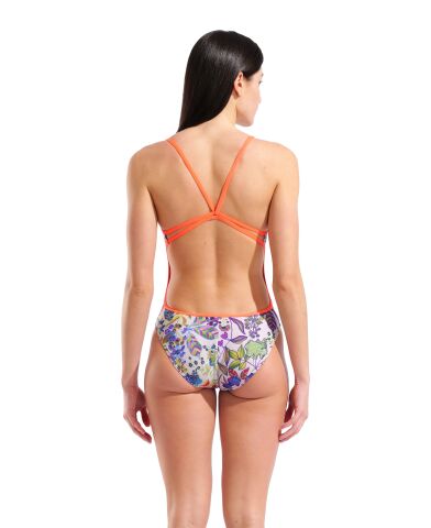 W ARENA PAINTING SWIMSUIT LACE BACK MULTI-BRIGHT CORAL