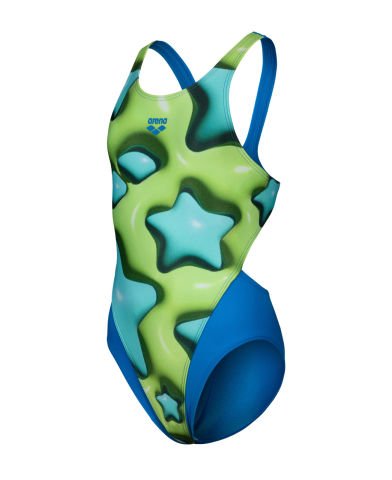 GIRLS ARENA STAR SHAPED SWIMSUIT SWIMTECH L/BLUE RIVER-SOFT GREEN MULTI KIZ ÇOCUK MAYOSU