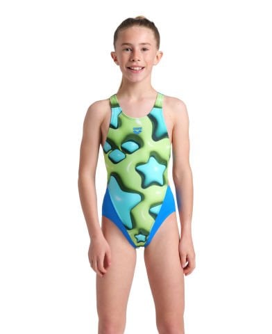 GIRLS ARENA STAR SHAPED SWIMSUIT SWIMTECH L/BLUE RIVER-SOFT GREEN MULTI KIZ ÇOCUK MAYOSU