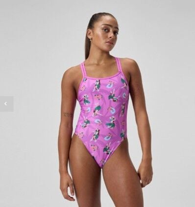 SPEEDO Women's Club Training Printed Starback Swimsuit Pink/Green