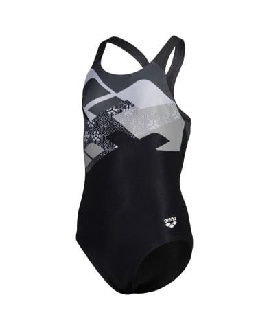 GIRL'S ARENA LOGO KIKKO SWIMSUIT SWIM PRO/BLACK-ASPHALT-WHITE MULTI KIZ ÇOCUK MAYOSU