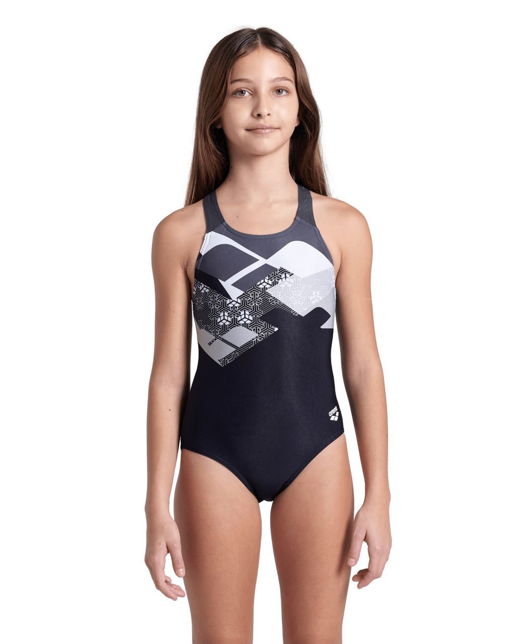 GIRL'S ARENA LOGO KIKKO SWIMSUIT SWIM PRO/BLACK-ASPHALT-WHITE MULTI KIZ ÇOCUK MAYOSU
