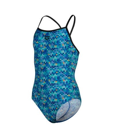 GIRL'S ARENA POOLTILES SWIMSUIT LIGHTDROP/BLACK-BLUE MULTI KIZ ÇOCUK MAYOSU