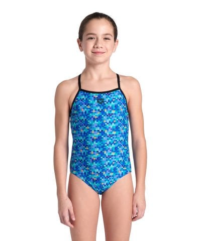 GIRL'S ARENA POOLTILES SWIMSUIT LIGHTDROP/BLACK-BLUE MULTI KIZ ÇOCUK MAYOSU