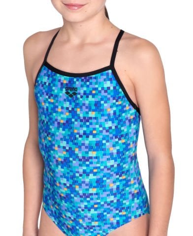 GIRL'S ARENA POOLTILES SWIMSUIT LIGHTDROP/BLACK-BLUE MULTI KIZ ÇOCUK MAYOSU