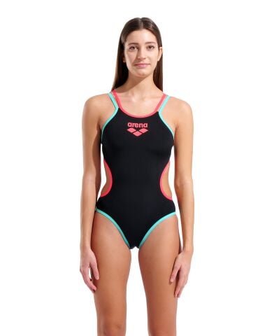 W ARENA ONE DOUBLE CROSS BACK ONE PIECE BLACK-BRIGHT CORAL-WATER