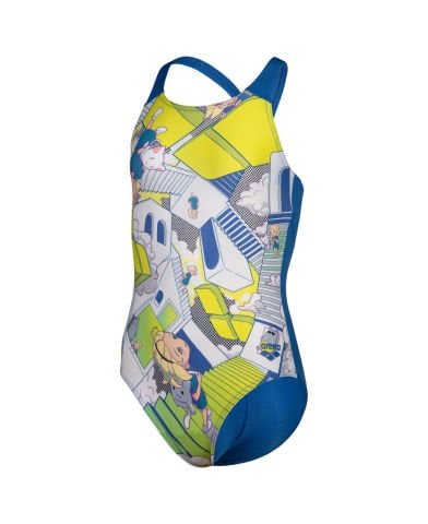 GIRL'S ARENA FANTASIZE SWIMSUIT V BACK/  MULTI GREY-ROYAL KIZ ÇOCUK MAYOSU