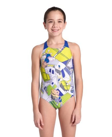 GIRL'S ARENA FANTASIZE SWIMSUIT V BACK/  MULTI GREY-ROYAL KIZ ÇOCUK MAYOSU