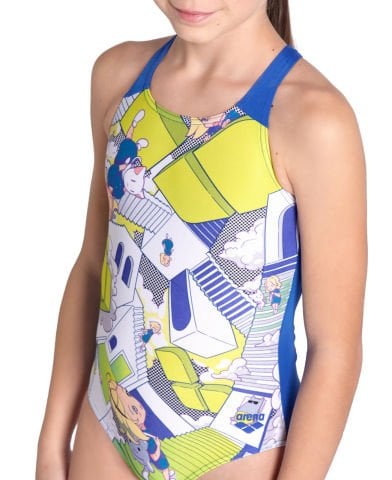 GIRL'S ARENA FANTASIZE SWIMSUIT V BACK/  MULTI GREY-ROYAL KIZ ÇOCUK MAYOSU
