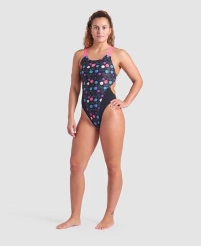WOMEN'S ARENA CONTOUR SWIM TECH BACK/BLACK MULTI-BLACK-SHOCKING PINK FUNNY PRINTS ÖZEL KOLEKSİYON KADIN MAYOSU
