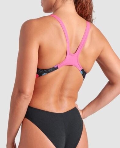 WOMEN'S ARENA CONTOUR SWIM TECH BACK/BLACK MULTI-BLACK-SHOCKING PINK FUNNY PRINTS ÖZEL KOLEKSİYON KADIN MAYOSU