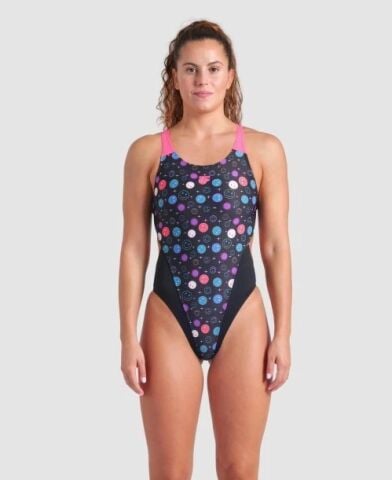 WOMEN'S ARENA CONTOUR SWIM TECH BACK/BLACK MULTI-BLACK-SHOCKING PINK FUNNY PRINTS ÖZEL KOLEKSİYON KADIN MAYOSU