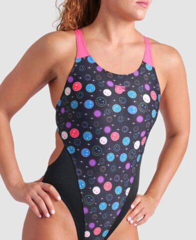 WOMEN'S ARENA CONTOUR SWIM TECH BACK/BLACK MULTI-BLACK-SHOCKING PINK FUNNY PRINTS ÖZEL KOLEKSİYON KADIN MAYOSU
