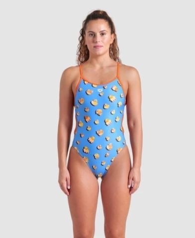 WOMEN'S ARENA DUCKS SWIMSUIT LACE BACK/TURQUOISE-ORANGE FUNNY PRINTS ÖZEL KOLEKSİYON KADIN MAYOSU