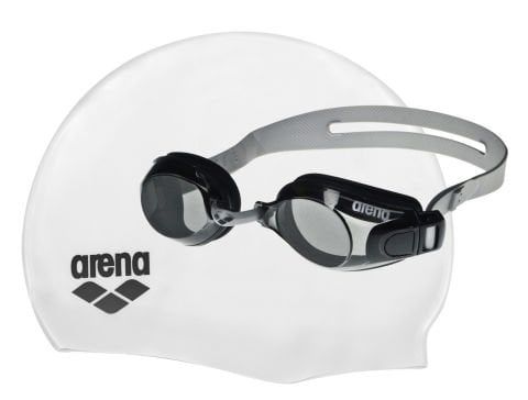 ARENA POOL SET/SILVER-SMOKE-WHITE-BLACK Unisex Gri Yüzücü Bone & Gözlük Seti