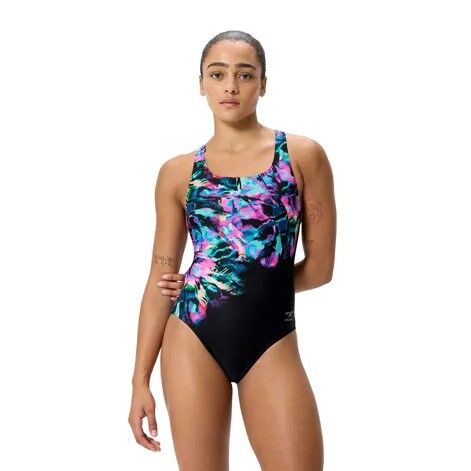Women's Club Training Printed Powerback Swimsuit Black Green Kadın Mayosu