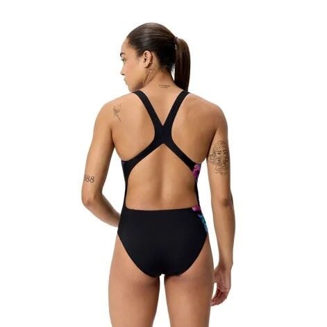 Women's Club Training Printed Powerback Swimsuit Black Green Kadın Mayosu