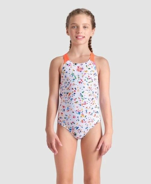 GIRL'S ARENA CONFETTI SWIMSUIT SWIM PRO BACK/WHITE MULTI-BRIGHT CORAL KIZ ÇOCUK MAYOSU