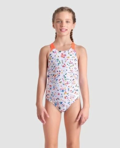 GIRL'S ARENA CONFETTI SWIMSUIT SWIM PRO BACK/WHITE MULTI-BRIGHT CORAL KIZ ÇOCUK MAYOSU