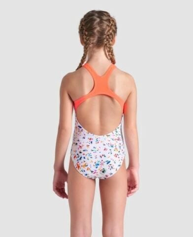 GIRL'S ARENA CONFETTI SWIMSUIT SWIM PRO BACK/WHITE MULTI-BRIGHT CORAL KIZ ÇOCUK MAYOSU