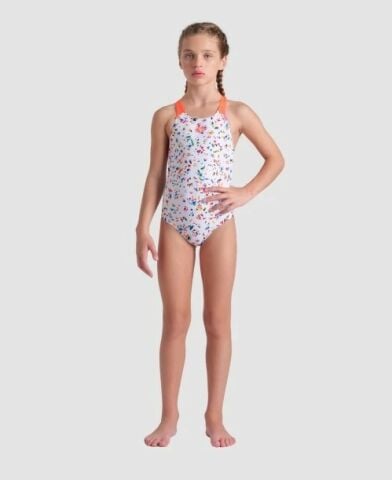 GIRL'S ARENA CONFETTI SWIMSUIT SWIM PRO BACK/WHITE MULTI-BRIGHT CORAL KIZ ÇOCUK MAYOSU