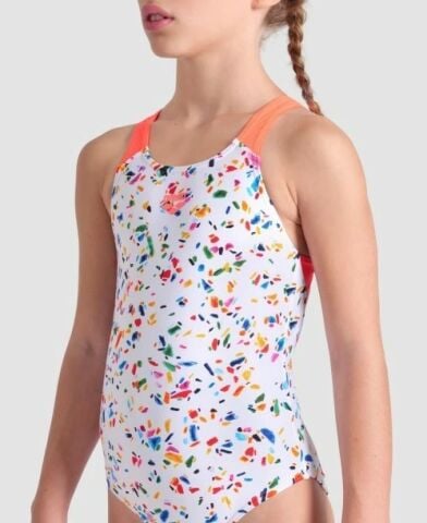GIRL'S ARENA CONFETTI SWIMSUIT SWIM PRO BACK/WHITE MULTI-BRIGHT CORAL KIZ ÇOCUK MAYOSU