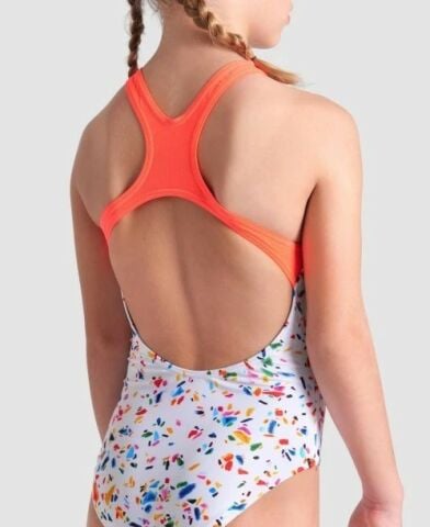 GIRL'S ARENA CONFETTI SWIMSUIT SWIM PRO BACK/WHITE MULTI-BRIGHT CORAL KIZ ÇOCUK MAYOSU