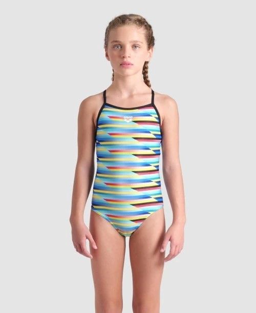 GIRL'S ARENA RACING STRIPE SWIMSUIT LIGHTDROP BACK/MULTI-BLACK-BLACK KIZ ÇOCUK MAYOSU