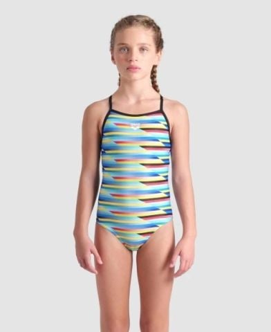 GIRL'S ARENA RACING STRIPE SWIMSUIT LIGHTDROP BACK/MULTI-BLACK-BLACK KIZ ÇOCUK MAYOSU