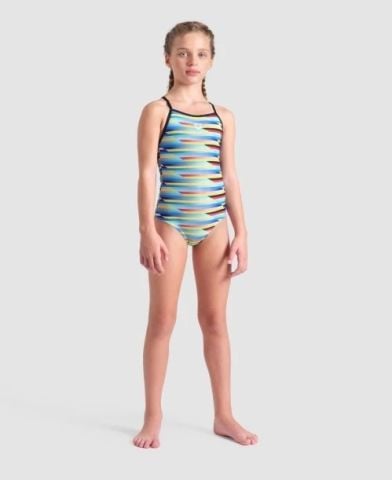 GIRL'S ARENA RACING STRIPE SWIMSUIT LIGHTDROP BACK/MULTI-BLACK-BLACK KIZ ÇOCUK MAYOSU