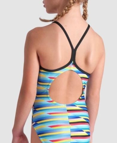 GIRL'S ARENA RACING STRIPE SWIMSUIT LIGHTDROP BACK/MULTI-BLACK-BLACK KIZ ÇOCUK MAYOSU