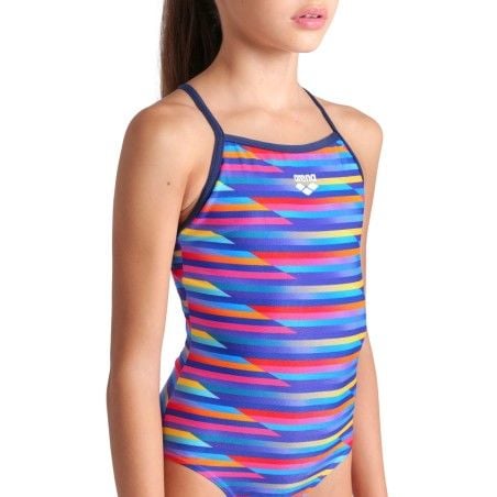 GIRL'S ARENA RACING STRIPE SWIMSUIT LIGHTDROP BACK/NAVY MULTI NAVY KIZ ÇOCUK MAYOSU