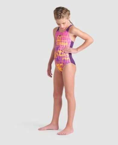 GIRL'S ARENA MULTI COLOURS SWIMSUIT V BACK/PLUM MULTI-PLUM KIZ ÇOCUK MAYOSU