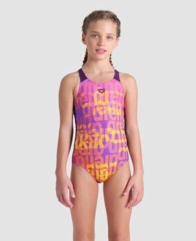 GIRL'S ARENA MULTI COLOURS SWIMSUIT V BACK/PLUM MULTI-PLUM KIZ ÇOCUK MAYOSU