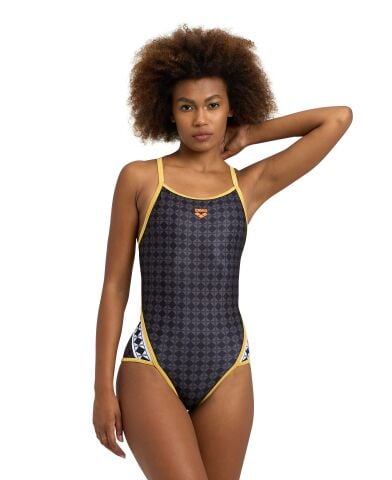 WOMENS ARENA 50TH YEAR SWIMSUIT SUPERFLY BACK BLACK MULTI GOLD
