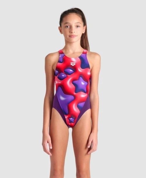 GIRL'S ARENA STAR SHAPED SWIMSUIT SWIM TECH L/PLUM-BRIGHT CORAL MULTI