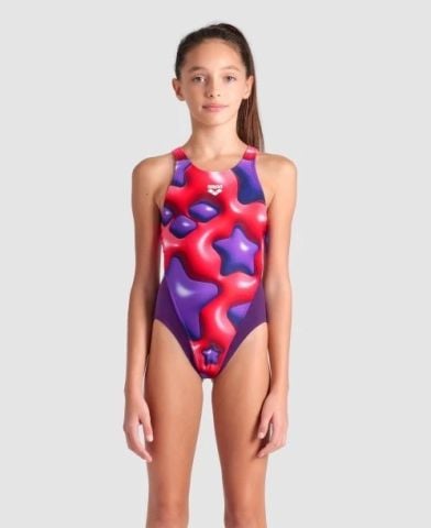 GIRL'S ARENA STAR SHAPED SWIMSUIT SWIM TECH L/PLUM-BRIGHT CORAL MULTI