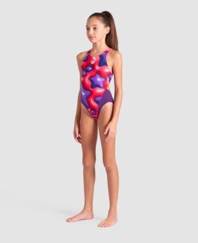 GIRL'S ARENA STAR SHAPED SWIMSUIT SWIM TECH L/PLUM-BRIGHT CORAL MULTI