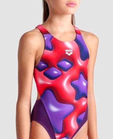 GIRL'S ARENA STAR SHAPED SWIMSUIT SWIM TECH L/PLUM-BRIGHT CORAL MULTI