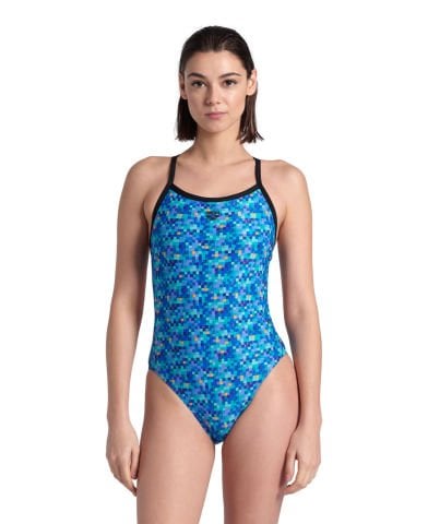 WOMEN'S ARENA POOLTILES SWIMSUIT CHALLENGE BACK/BLACK-BLUE MULTI KADIN MAYOSU