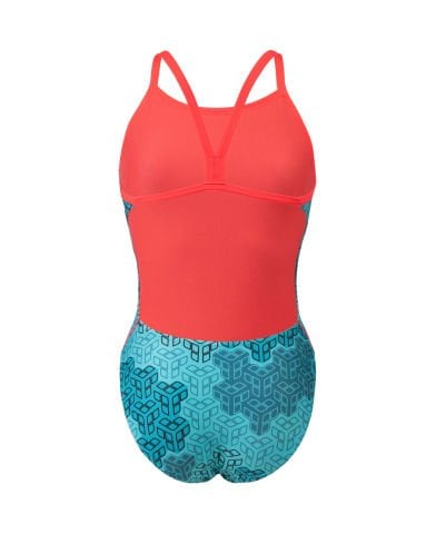WOMEN'S ARENA CAMO KIKKO SWIMSUIT CHALLENGE BACK/FLUO RED-WATER MULTI KADIN MAYOSU