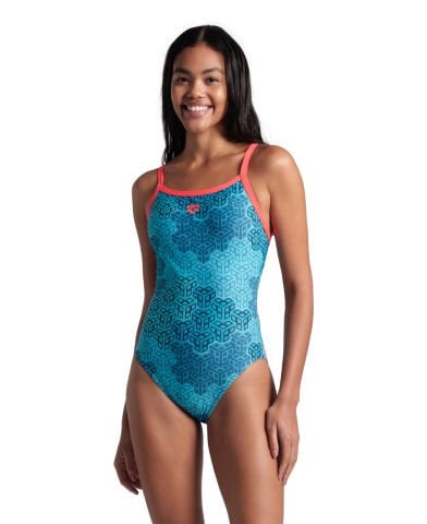 WOMEN'S ARENA CAMO KIKKO SWIMSUIT CHALLENGE BACK/FLUO RED-WATER MULTI KADIN MAYOSU