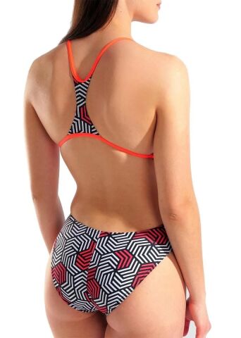 WOMEN'S ARENA GEOMETRY SWIMSUIT SWIM BOOSTER BACK MULTI BLACK BRIGHT CORAL