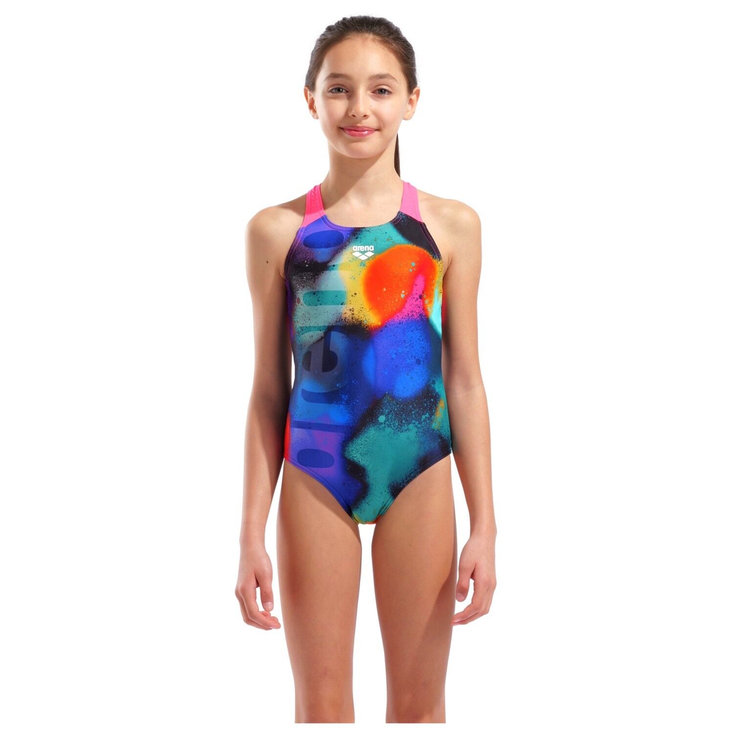 GIRL'S ARENA SPRAY PAINT SWIMSUIT SWIM PRO BACK/BLACK SHOCKING PINK