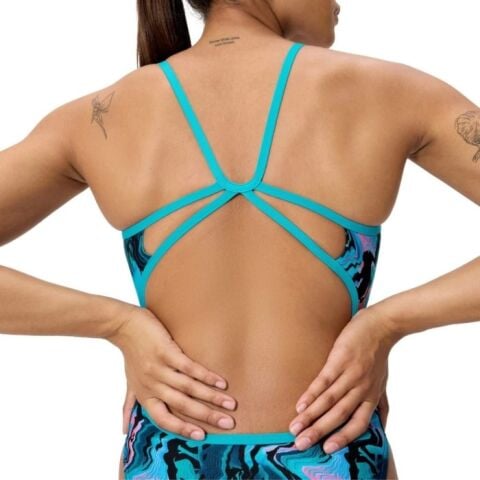Women's Club Training Printed Web Back Swimsuit Blue-Black Kadın Mayosu