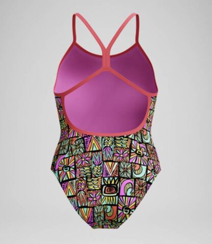 Speedo Girls' Club Training Printed V Back Swimsuit Black/Coral