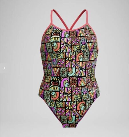 Speedo Girls' Club Training Printed V Back Swimsuit Black/Coral